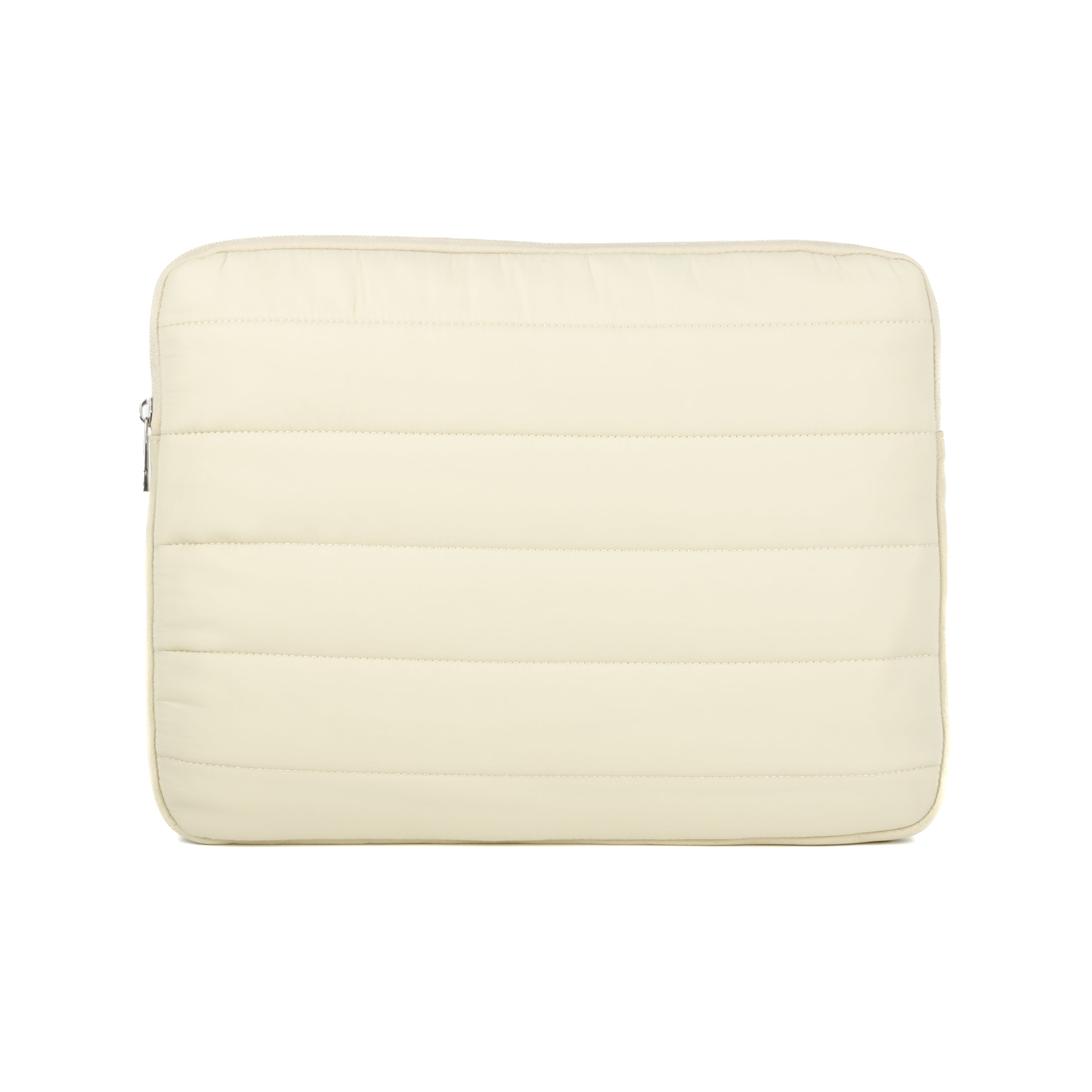 Front view of beige Humley padded laptop sleeve with minimal stitched paneling