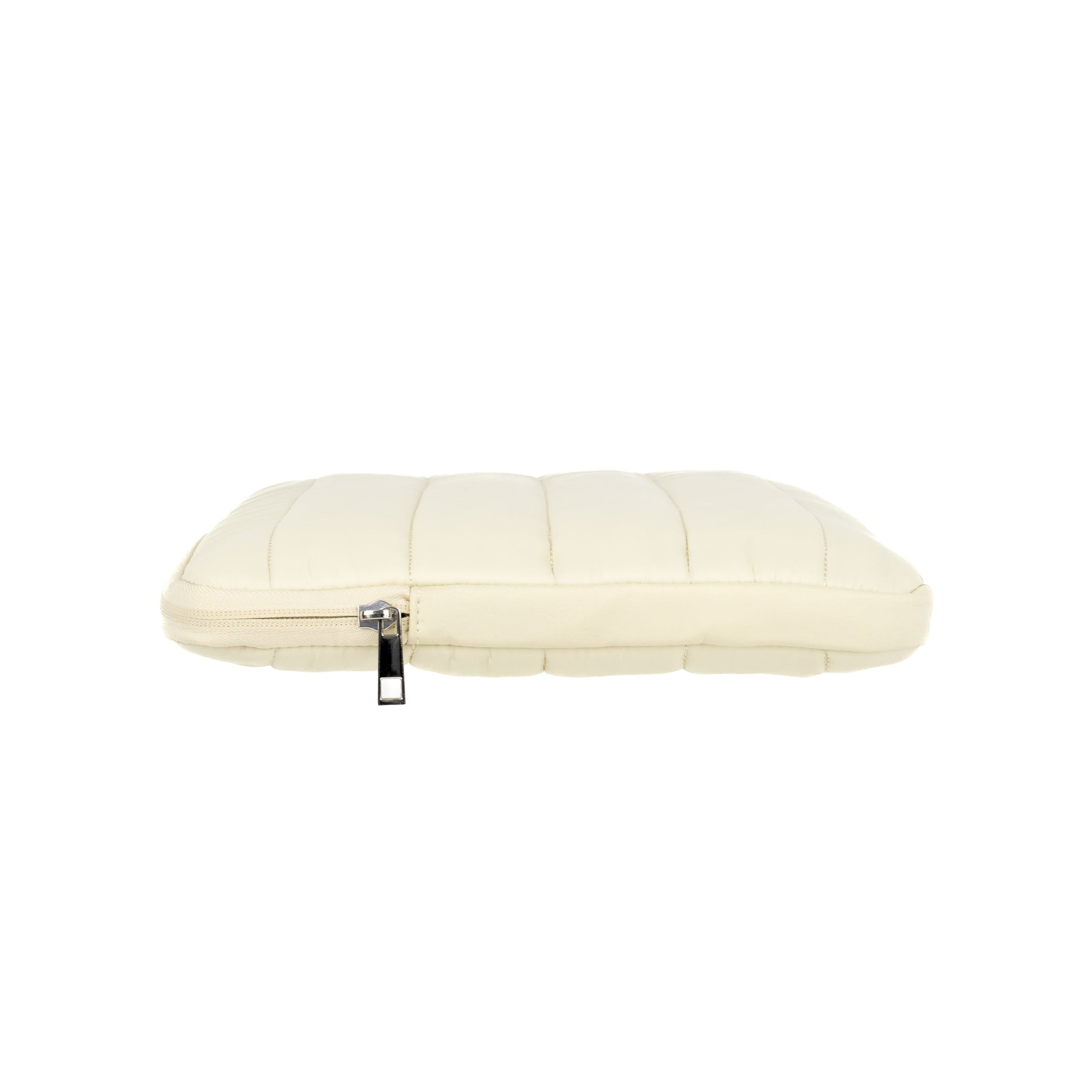 Side view of beige Humley padded laptop sleeve with visible zip closure and stitched padding