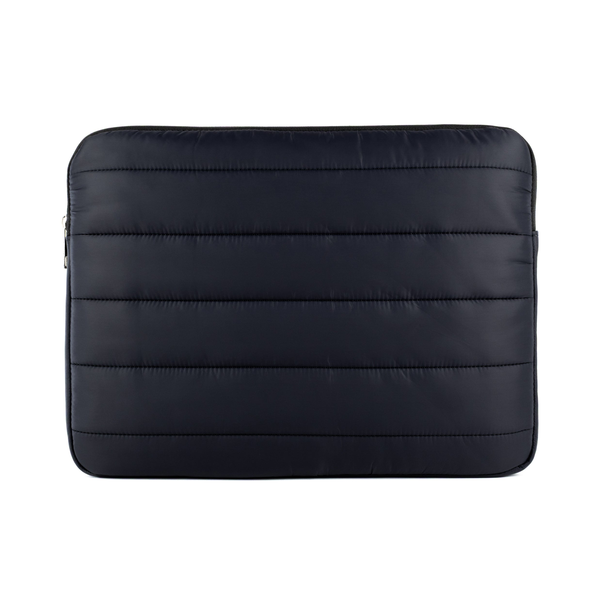 Front view of black Humley padded laptop sleeve with horizontal stitched padding