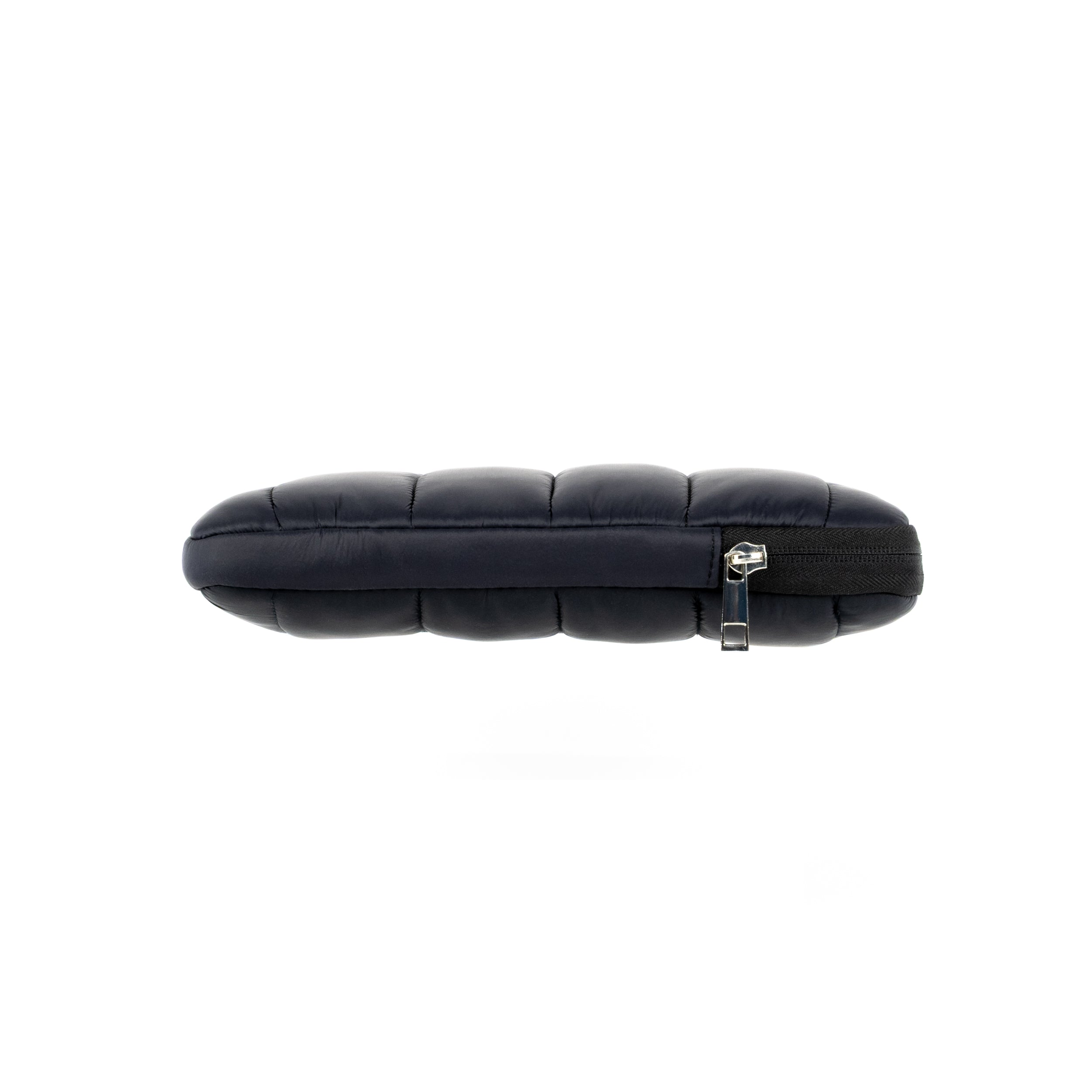 Side view of black Humley padded laptop sleeve showing thickness and zip detail