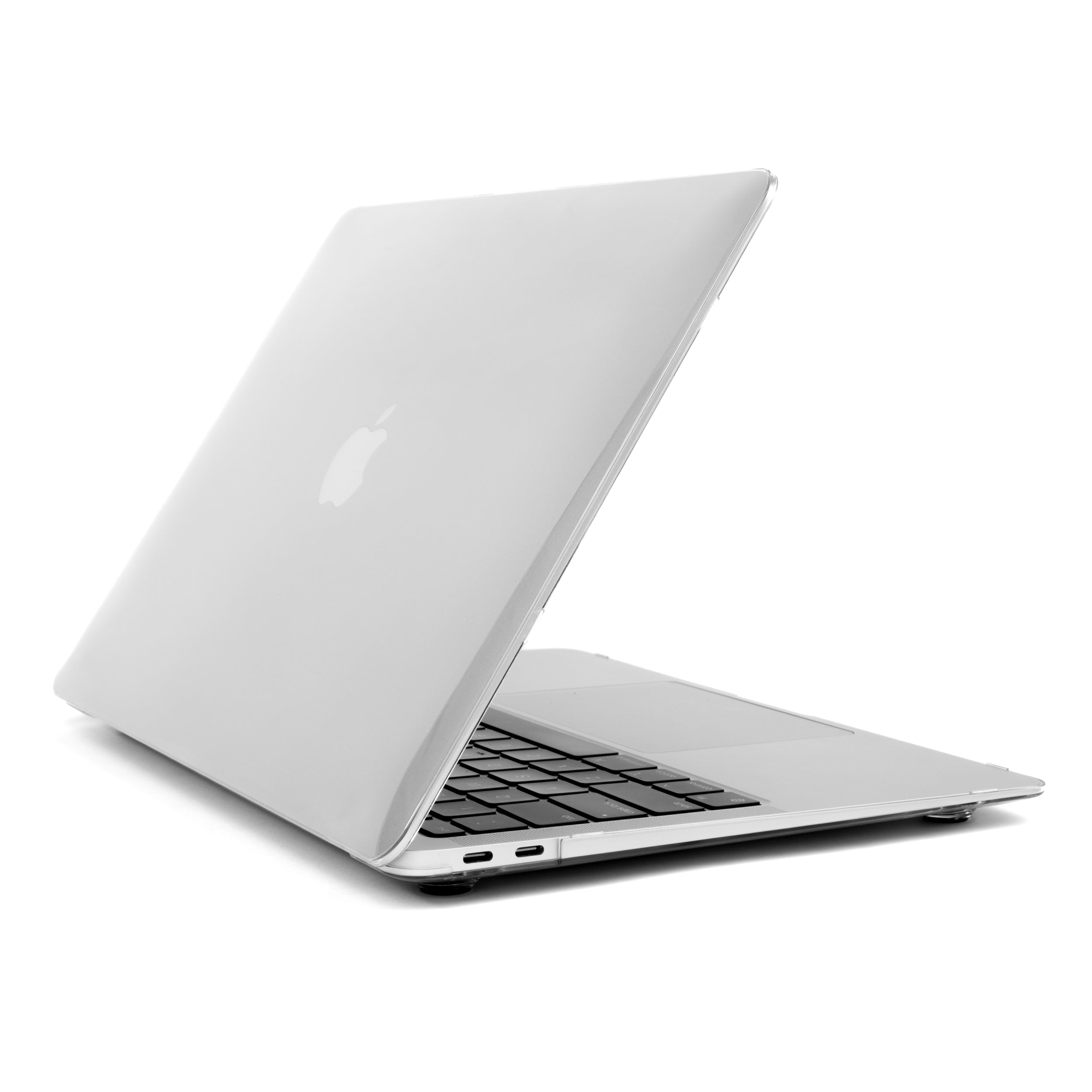 M1 MacBook Air with Humley ultra clear hard case partially open showing left-side ports