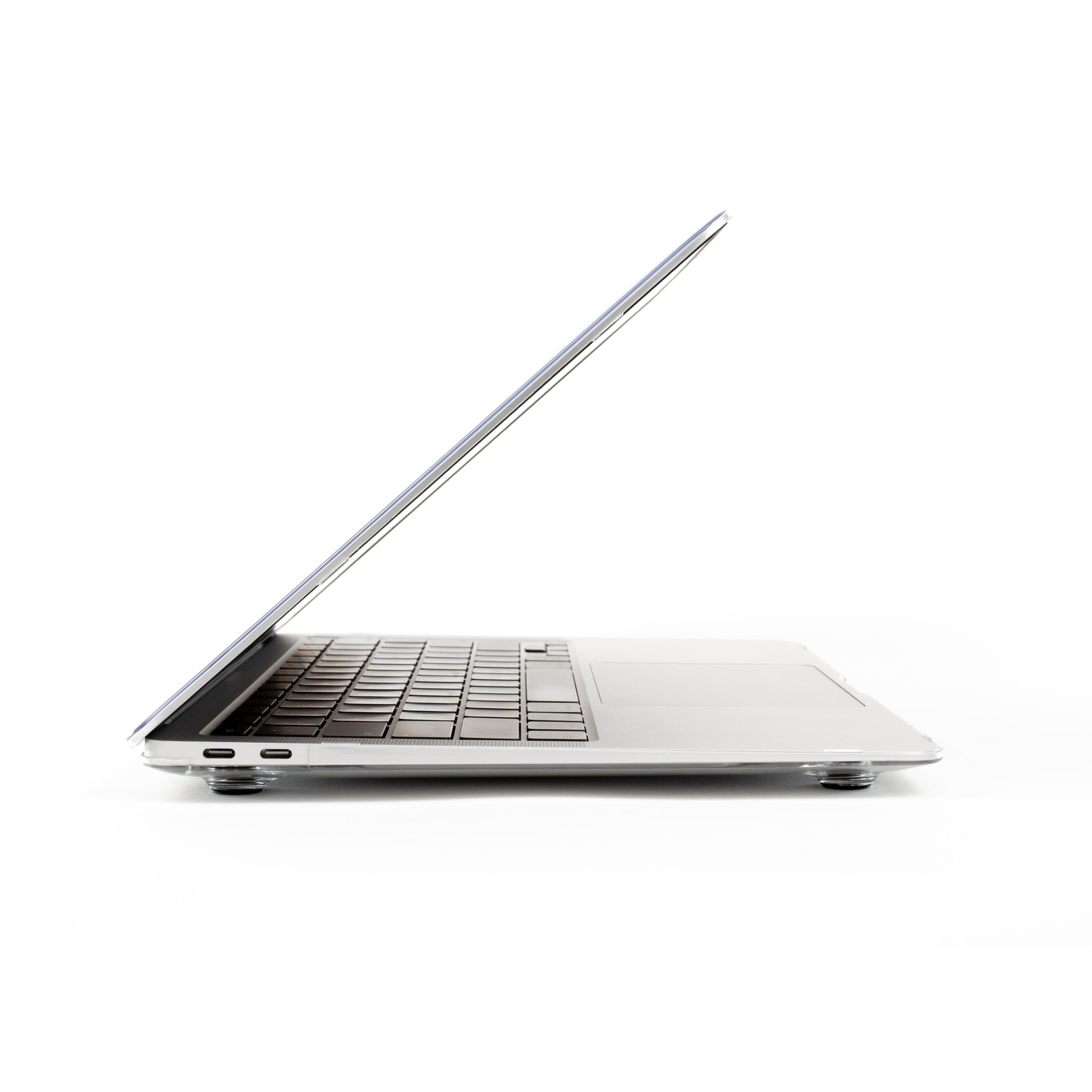 Left-side view of M1 MacBook Air with Humley clear case showing dual USB-C ports