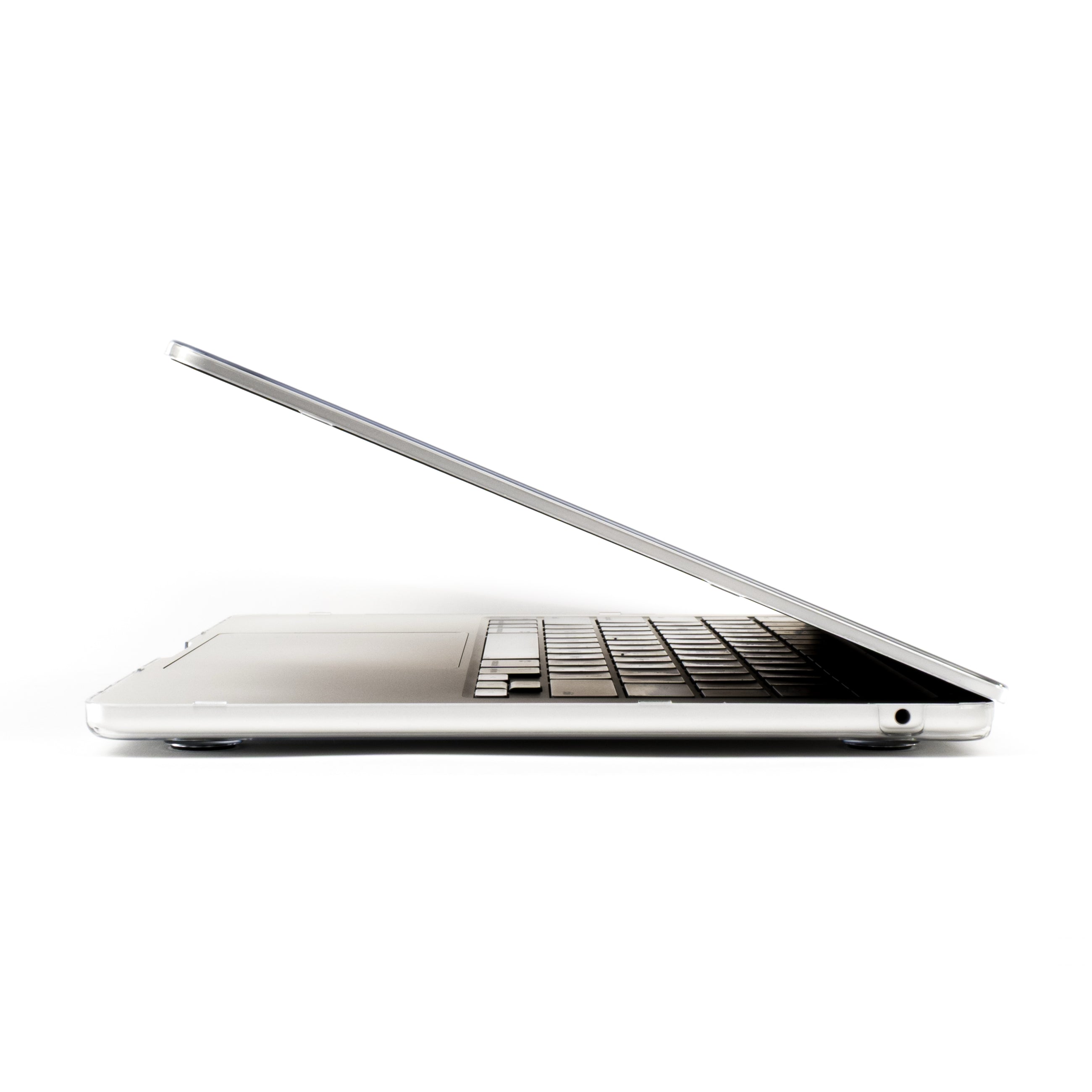 Side view of MacBook with clear Humley hard case, lid partially open