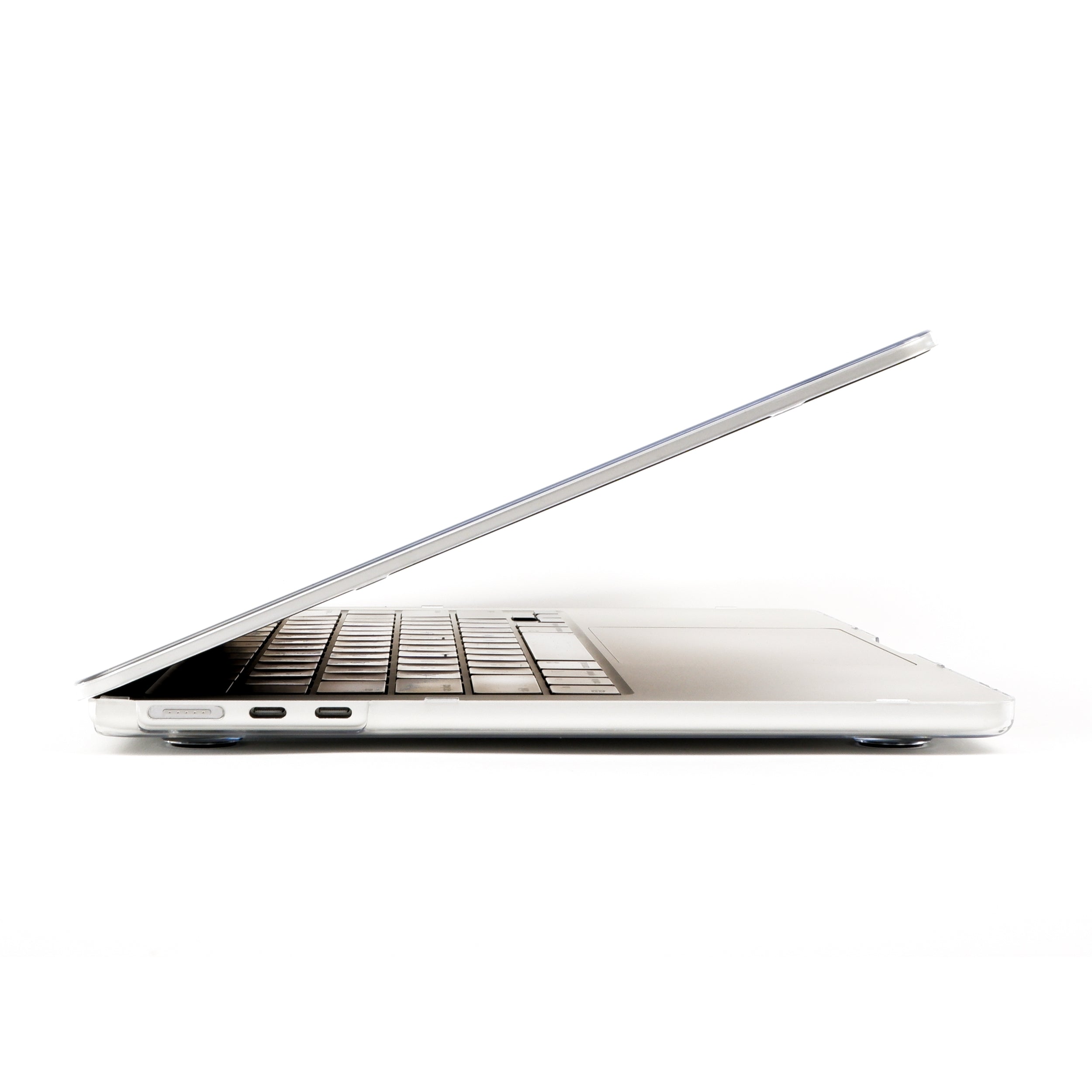 MacBook with clear Humley hard case, side view showing ports and open lid