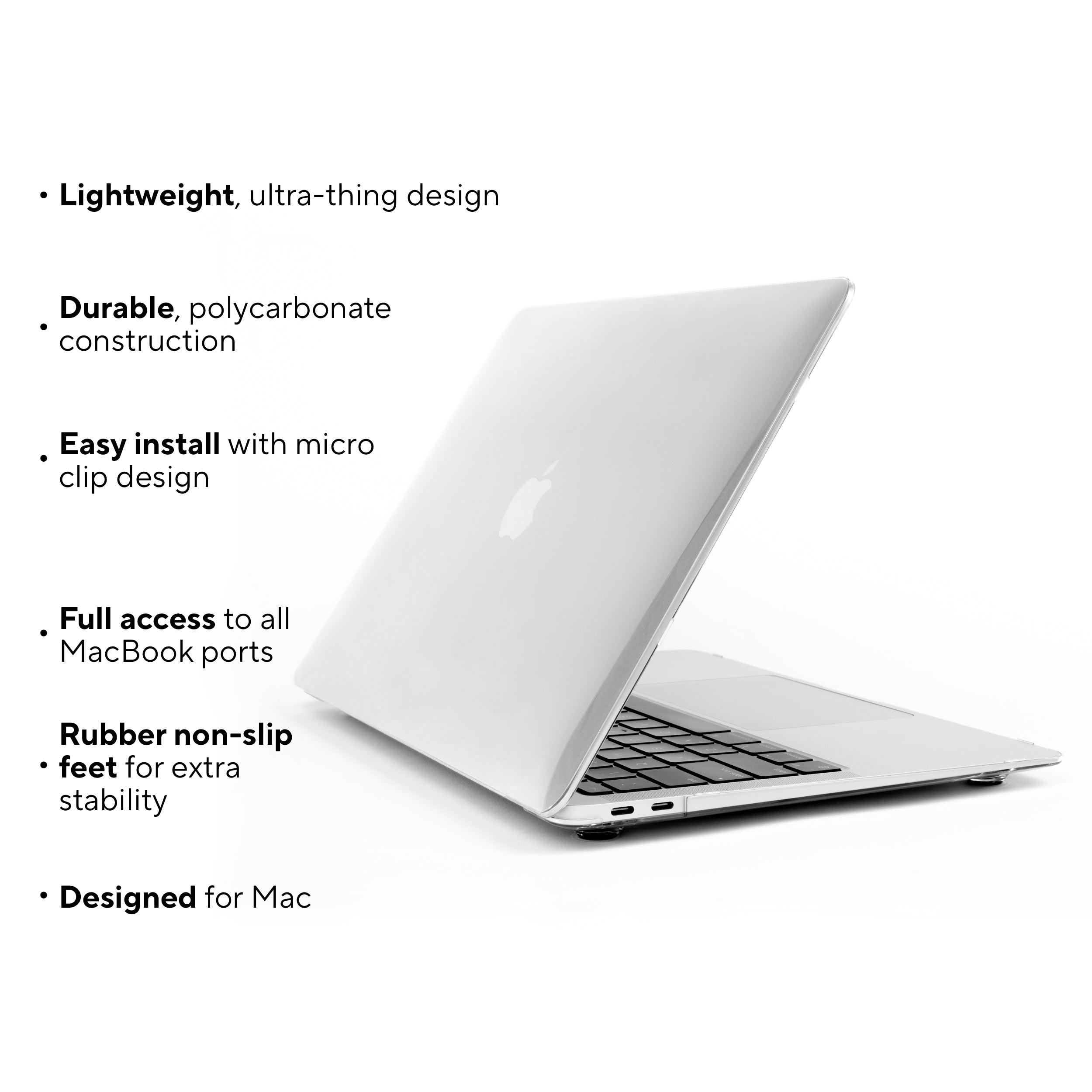MacBook with Humley clear hard case beside product feature list including lightweight design, full port access, and rubber feet