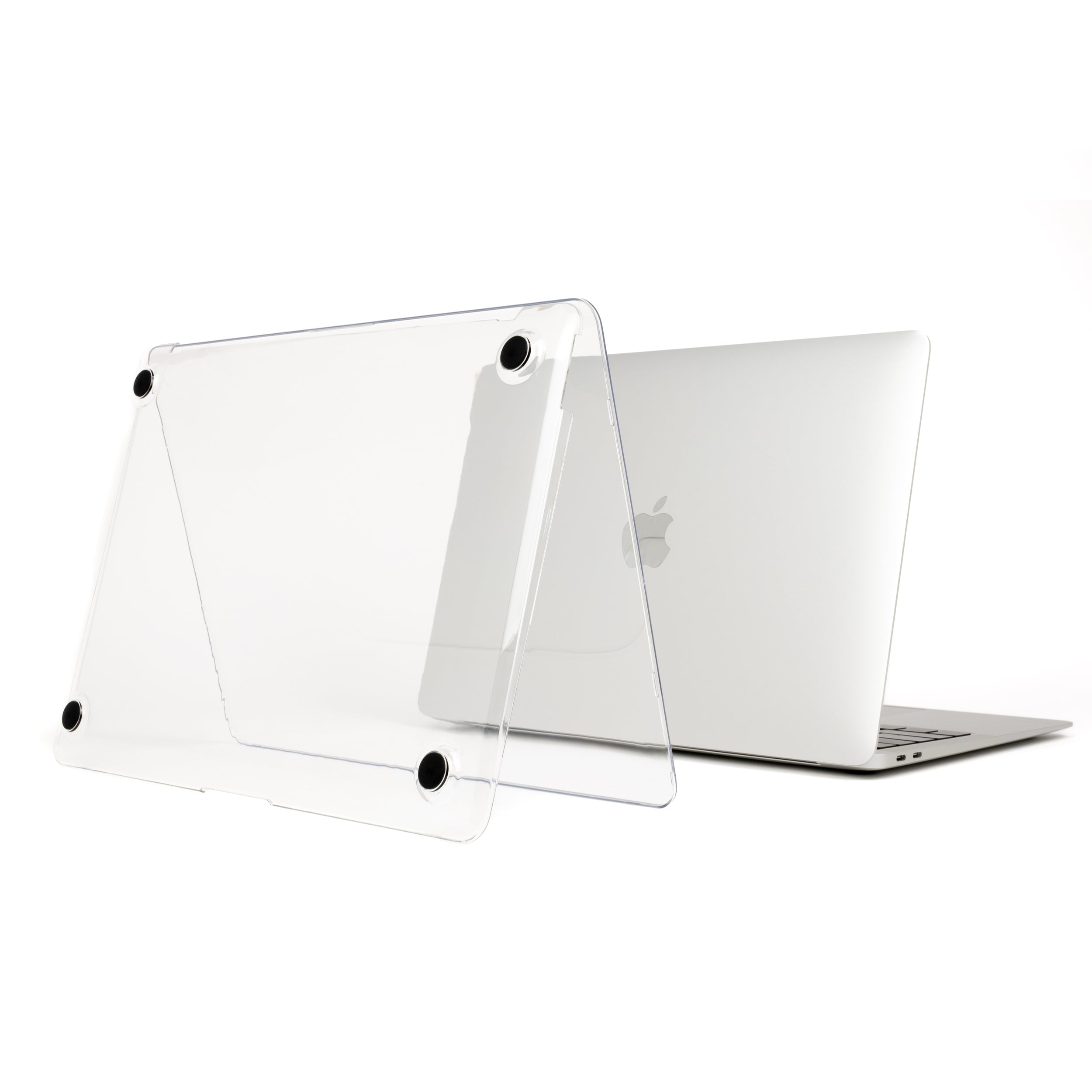 MacBook Air M1 with Humley clear hard case shown disassembled, highlighting rubber feet and case transparency