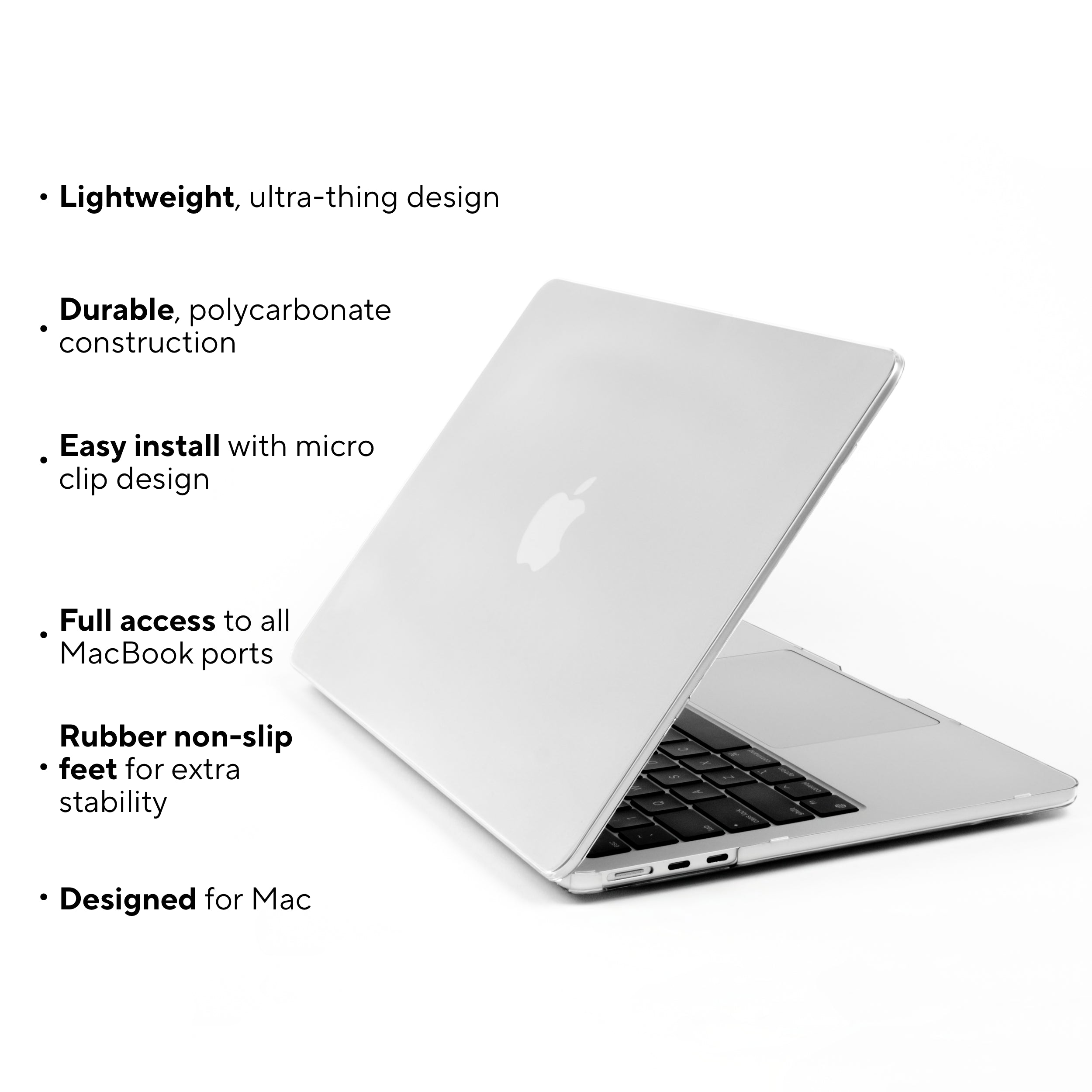 MacBook Air M2 with Humley clear hard case and feature list including lightweight build, micro clip install, and rubber feet