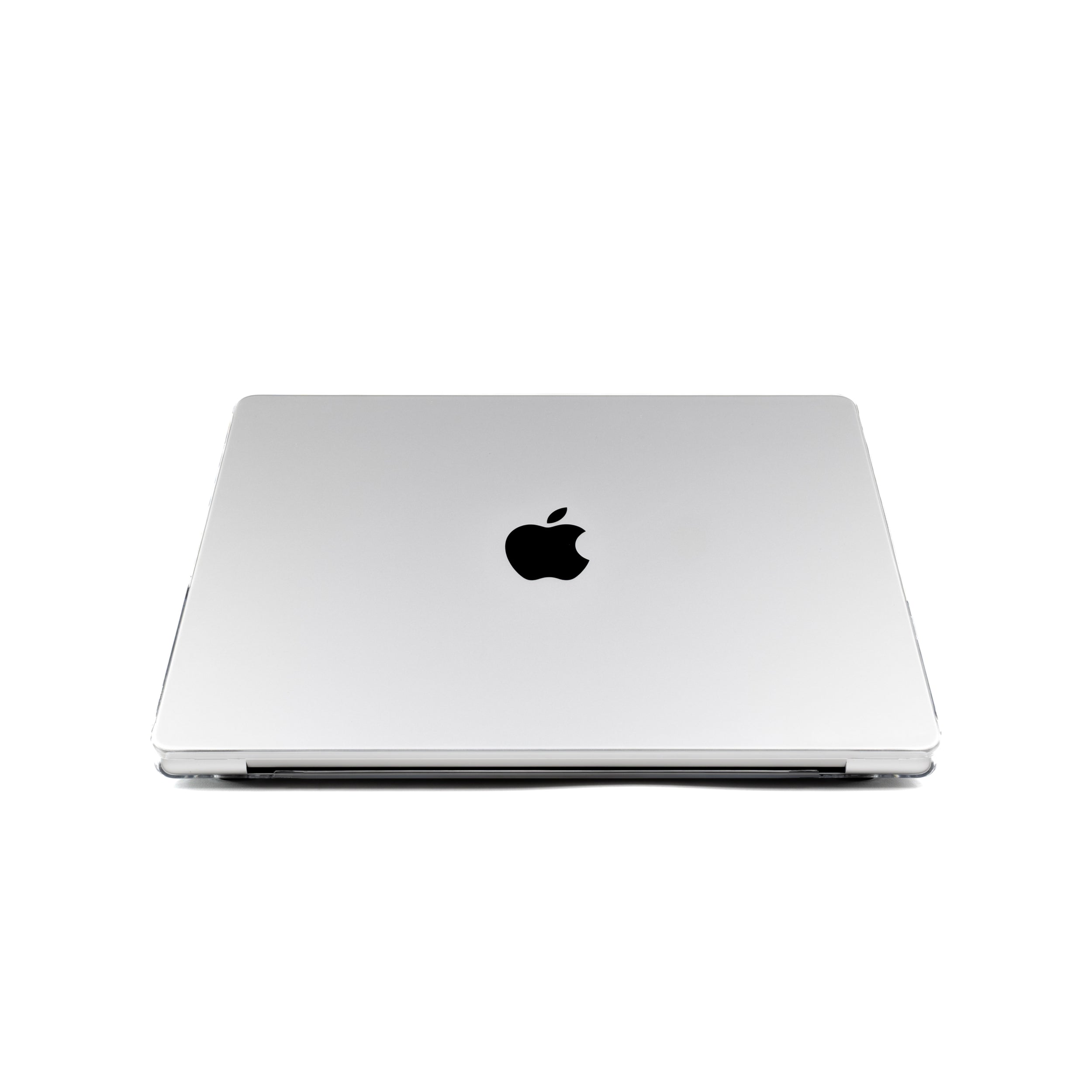 Front view of closed MacBook with Humley clear hard case on white background