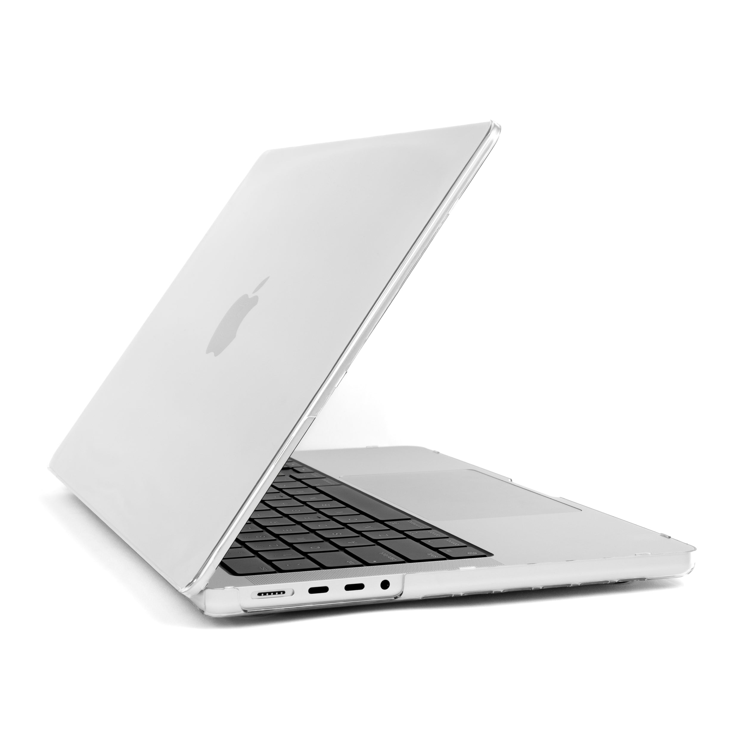 MacBook Pro 14-inch partially open with Humley clear hard case, showcasing slim fit and precise port access