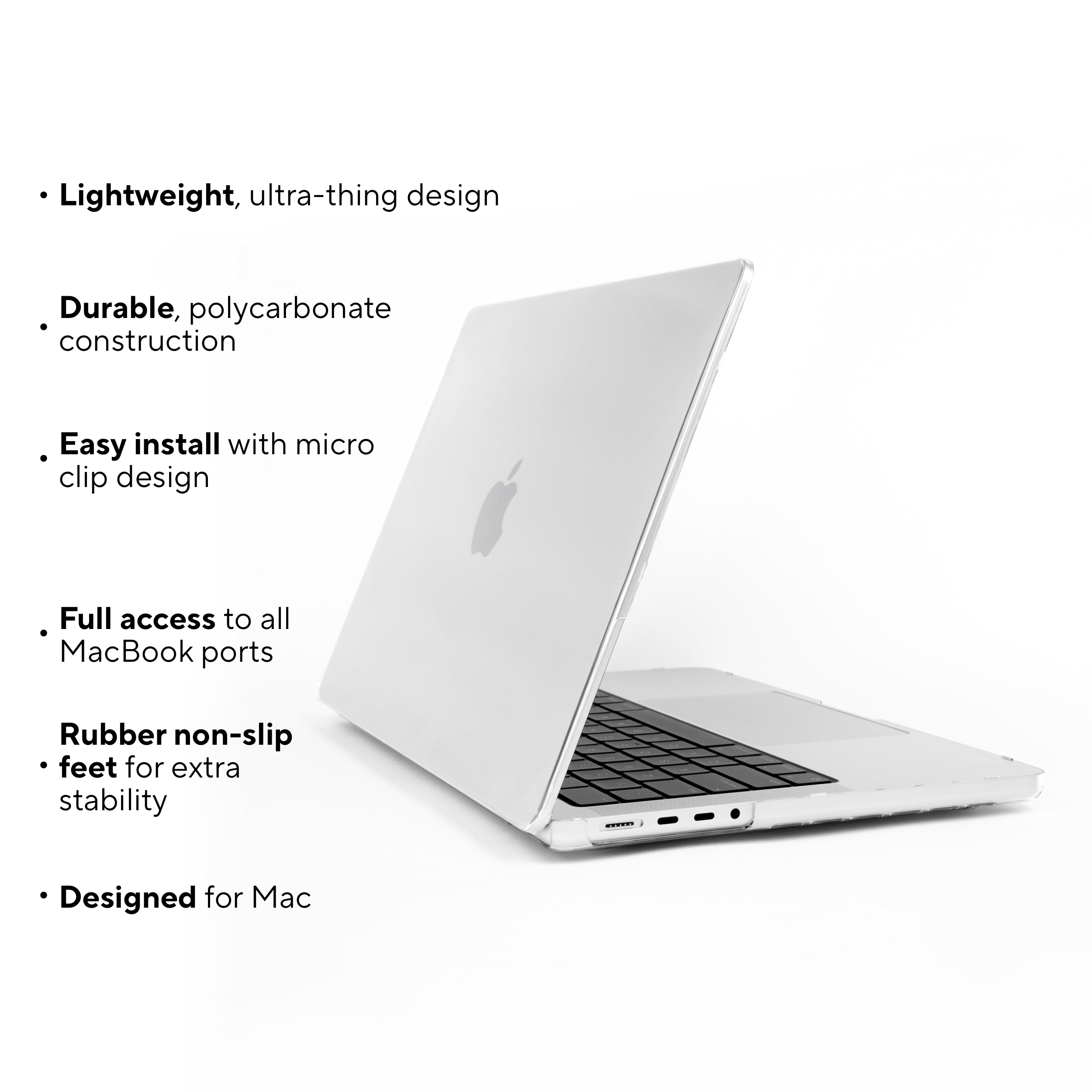 MacBook Pro 14-inch with Humley clear hard case and feature list including durable build, full port access, and rubber feet
