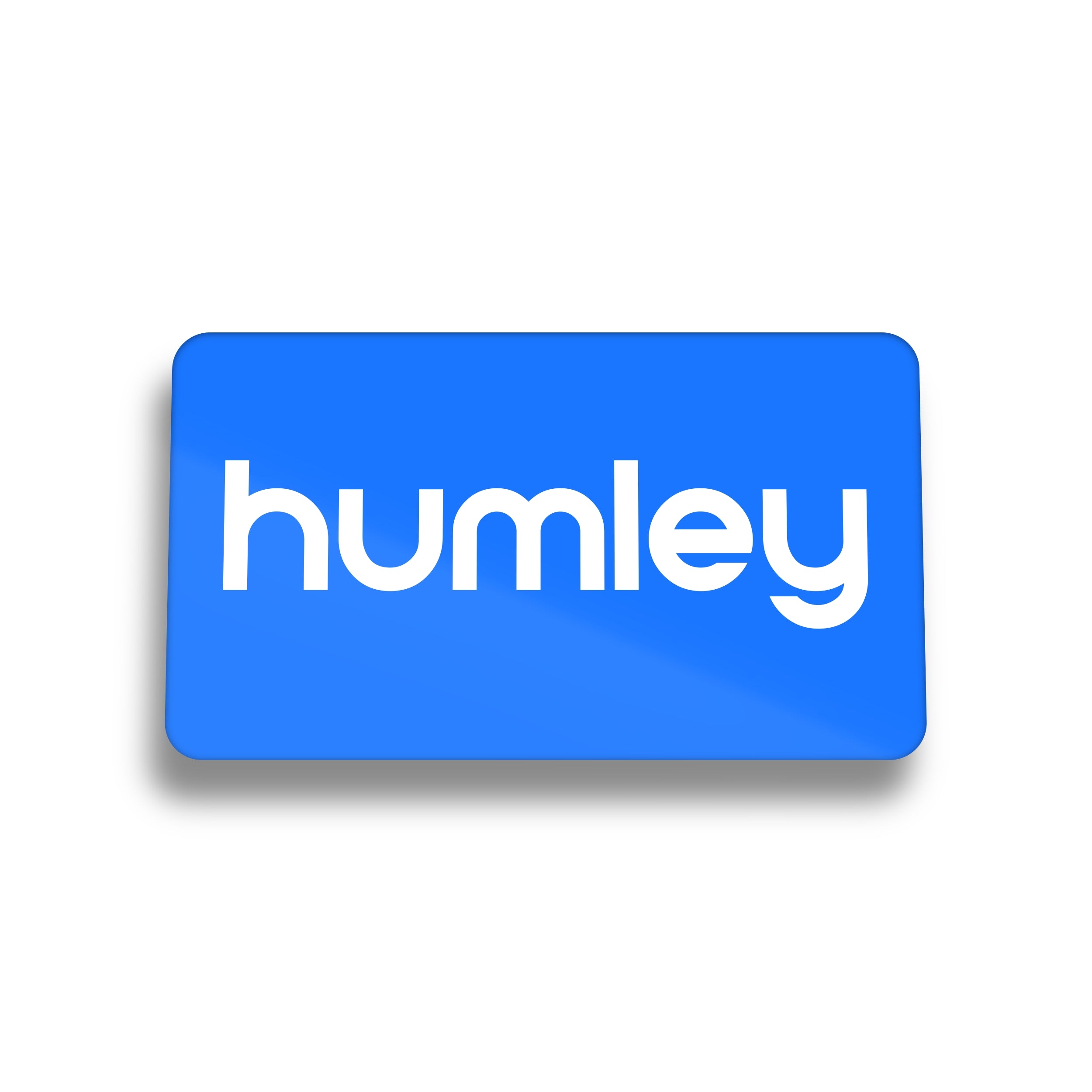 Humley digital gift card with blue background and white logo on a rounded rectangular design