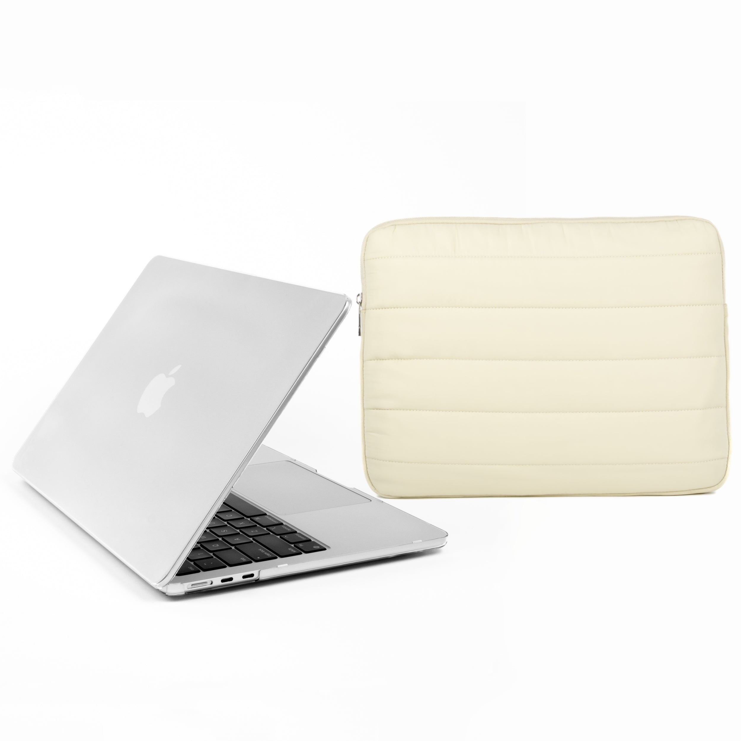 Silver MacBook with a clear hard case slightly open next to a beige padded Humley laptop sleeve on a white background.