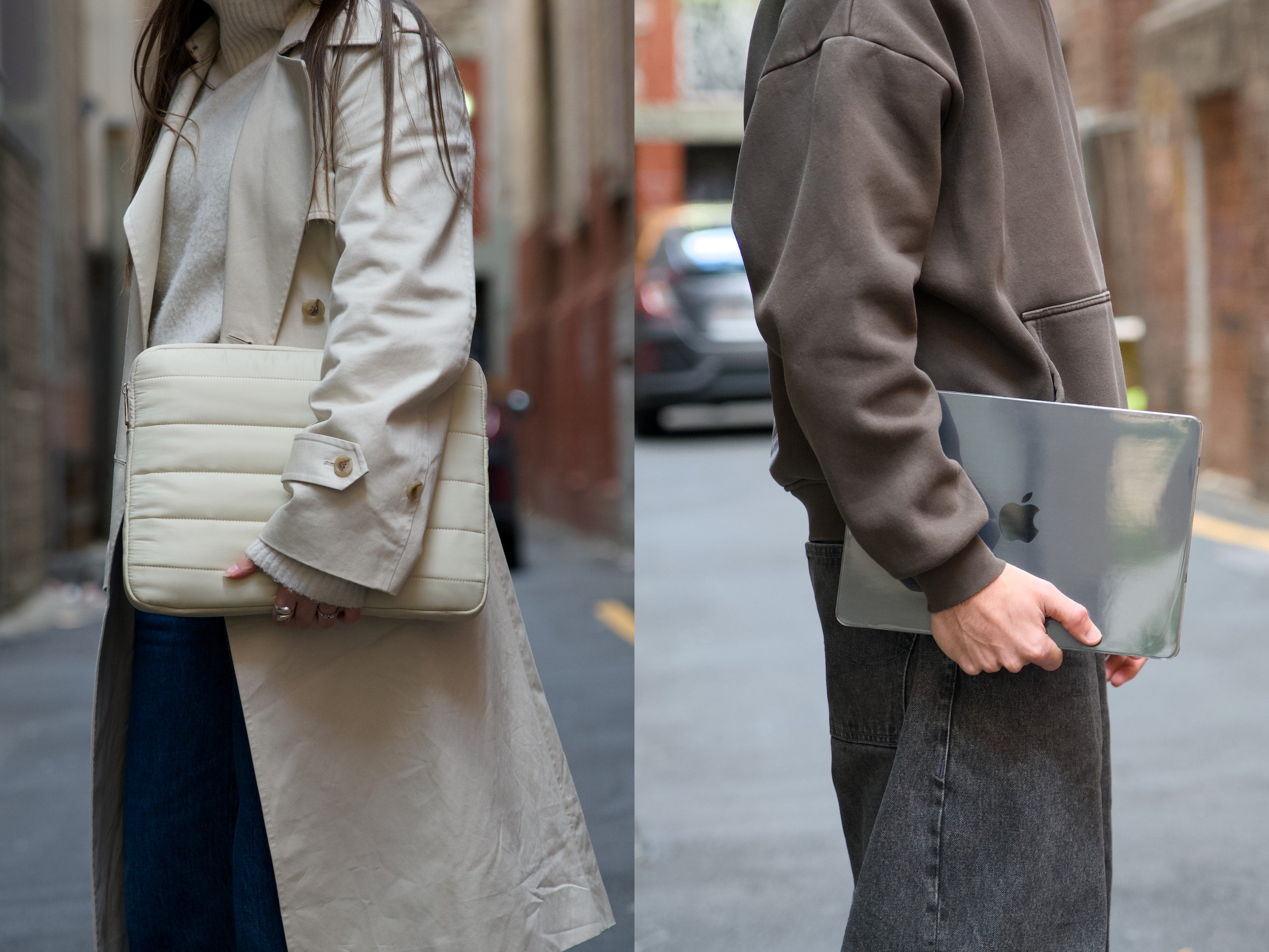 Side-by-side comparison of a woman carrying a cream Humley padded sleeve and a man holding a MacBook with a clear Humley hard case in an urban laneway.